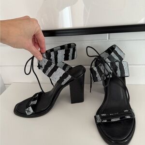 Black & White Striped Lace-Up Block Heel Sandals